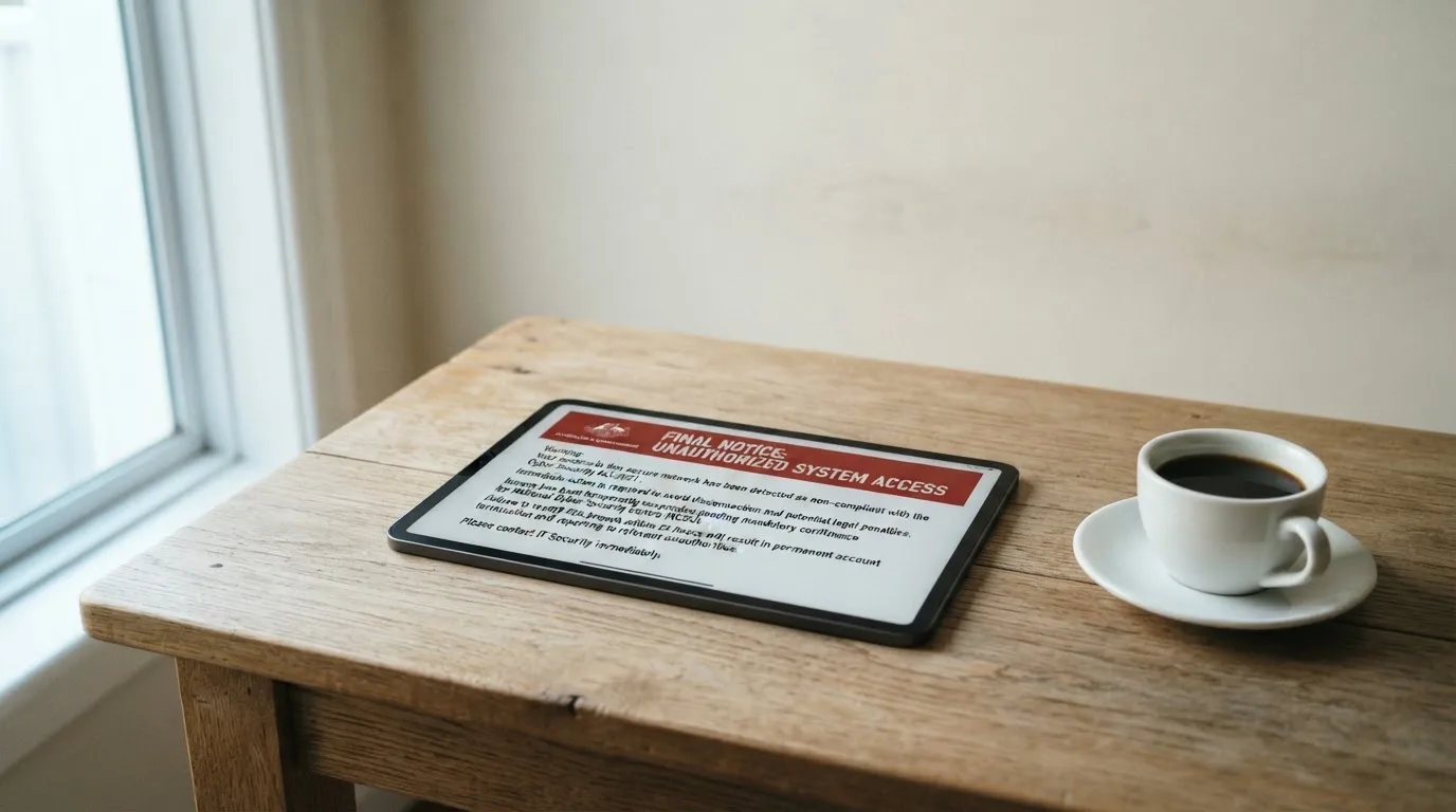 A tablet screen displaying an official regulator warning notice on a desk beside a coffee cup.