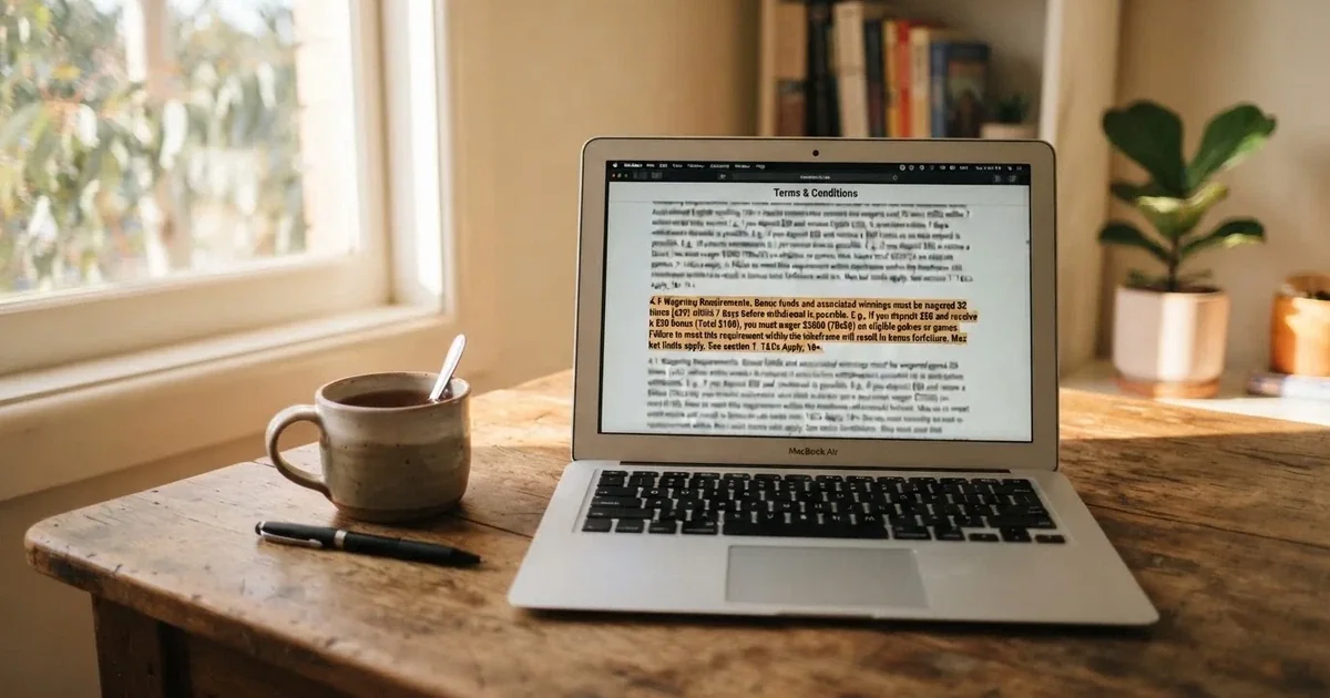A laptop screen showing a terms-and-conditions page with wagering requirements highlighted.