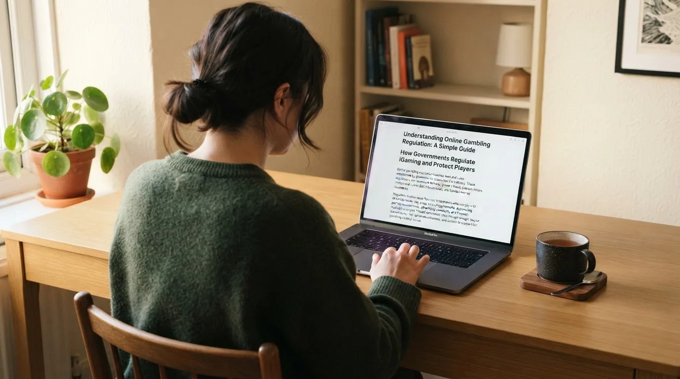 A person at a laptop reading a plain-language explainer article at a home desk.