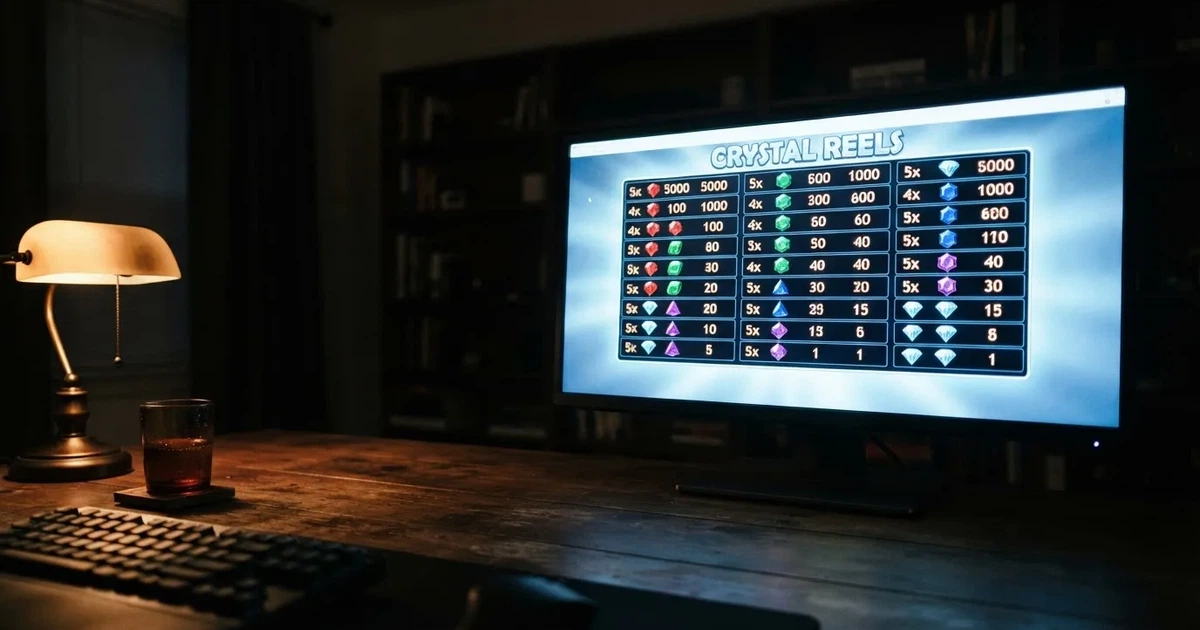 A slot machine's paytable screen glowing on a monitor in a dim room.