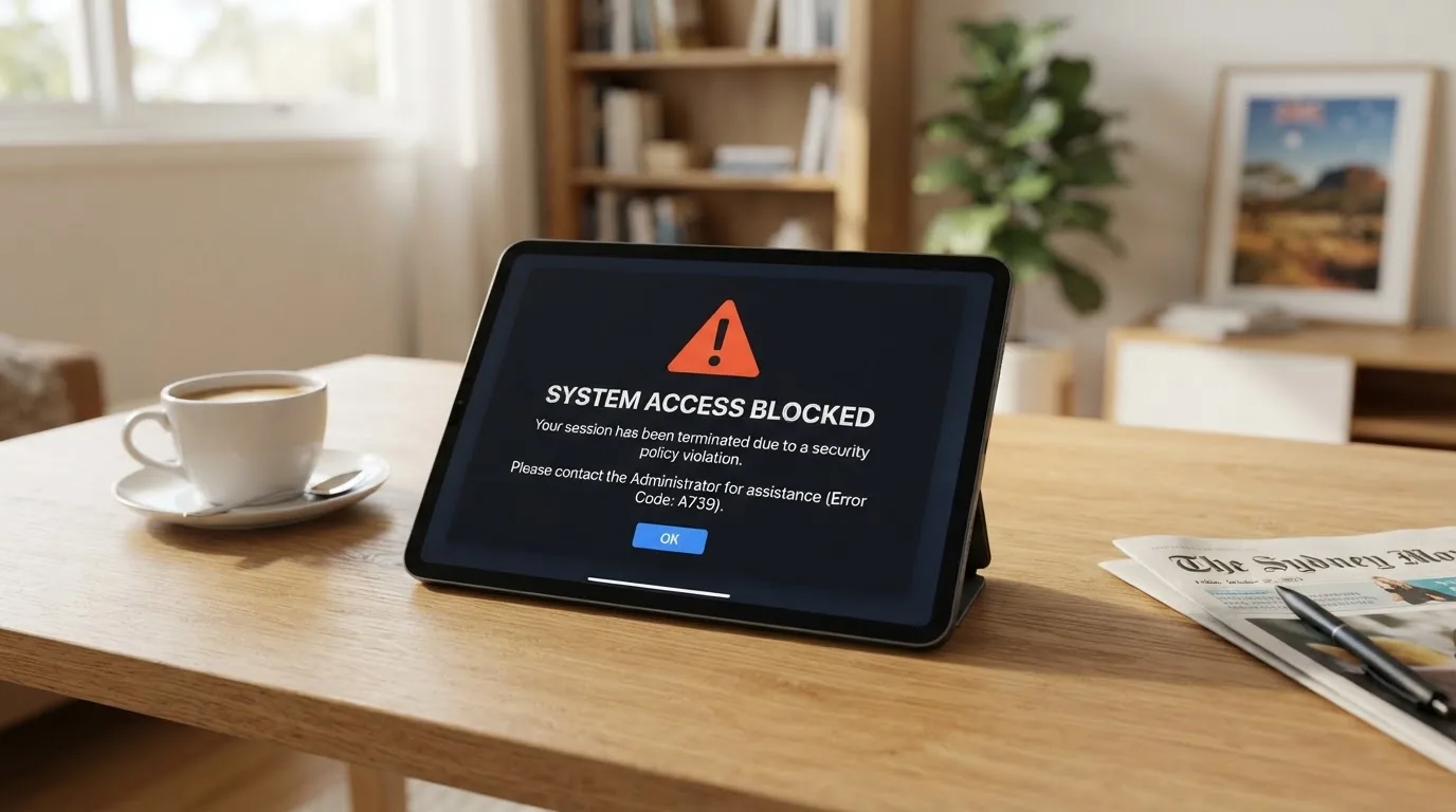 A tablet screen displaying an official regulator warning notice on a desk beside a coffee cup.
