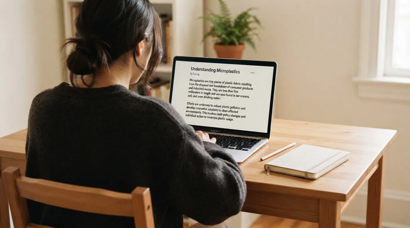 A person at a laptop reading a plain-language explainer article at a home desk.