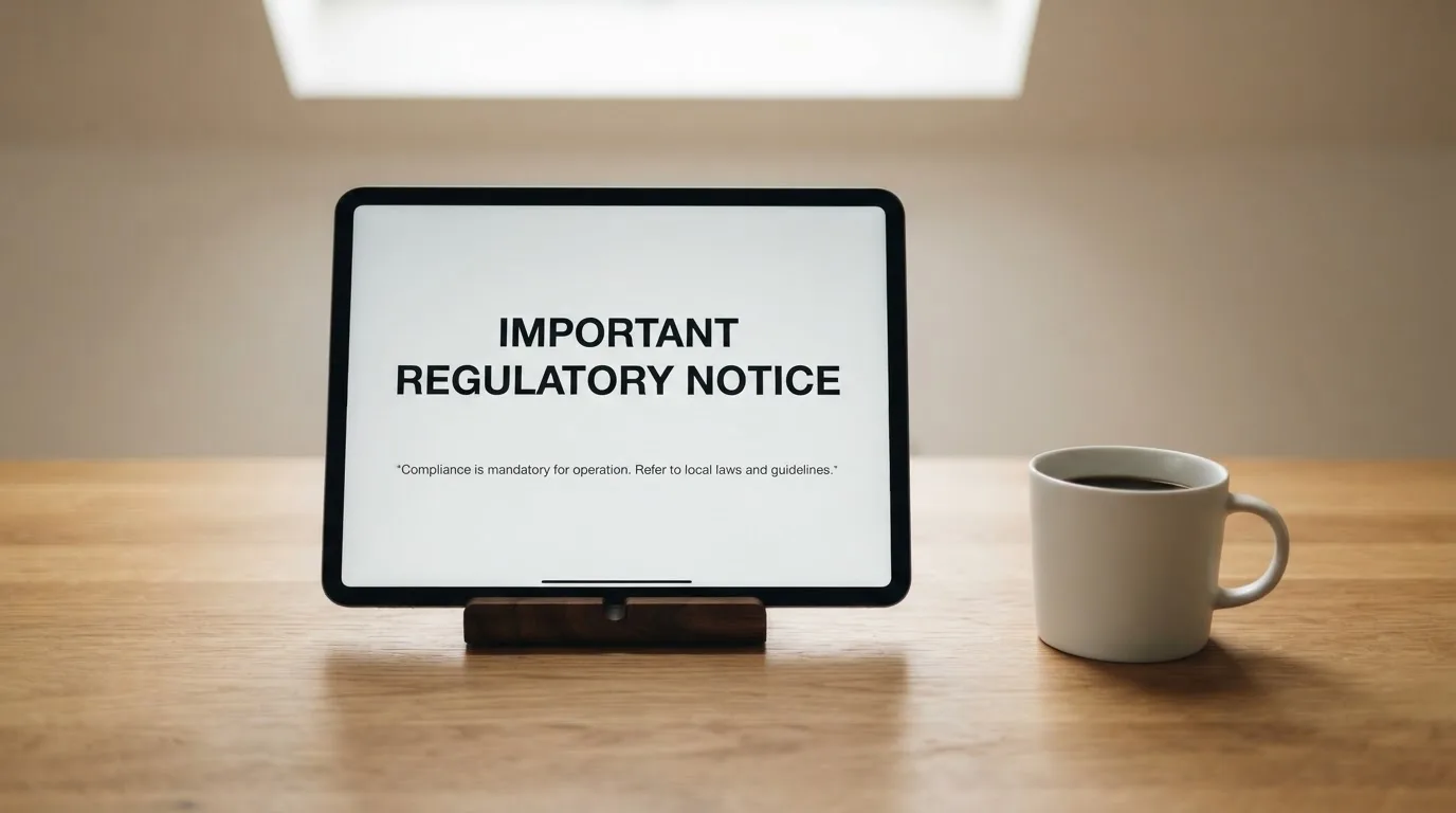 A tablet screen displaying an official regulator warning notice on a desk beside a coffee cup.