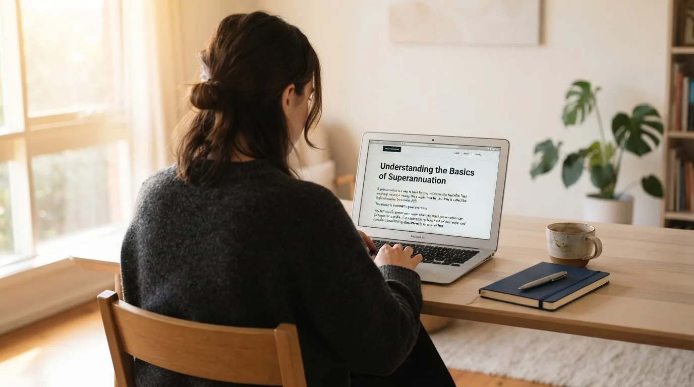 A person at a laptop reading a plain-language explainer article at a home desk.