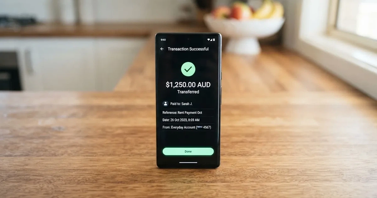 A close-up of a banking app on a smartphone showing a same-day transfer confirmation on a kitchen table.
