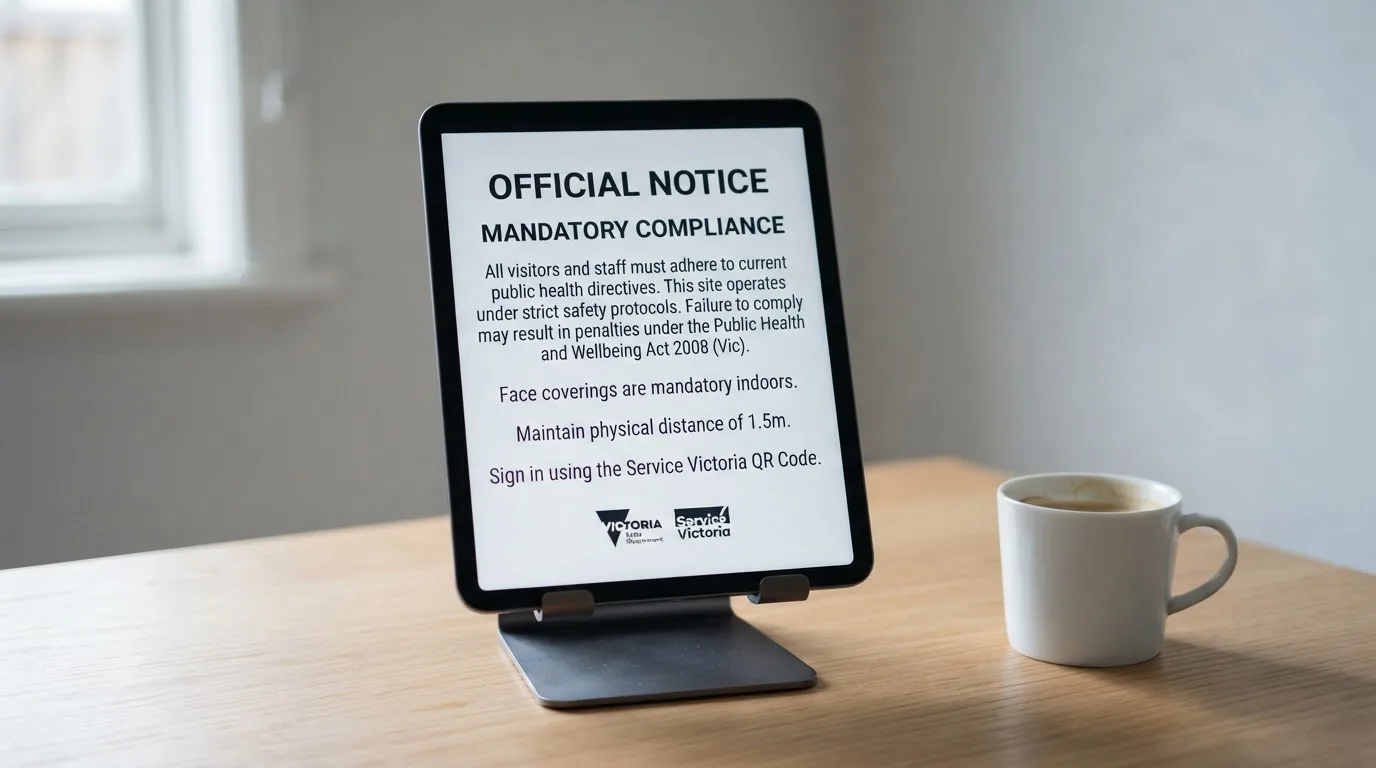 A tablet screen displaying an official regulator warning notice on a desk beside a coffee cup.