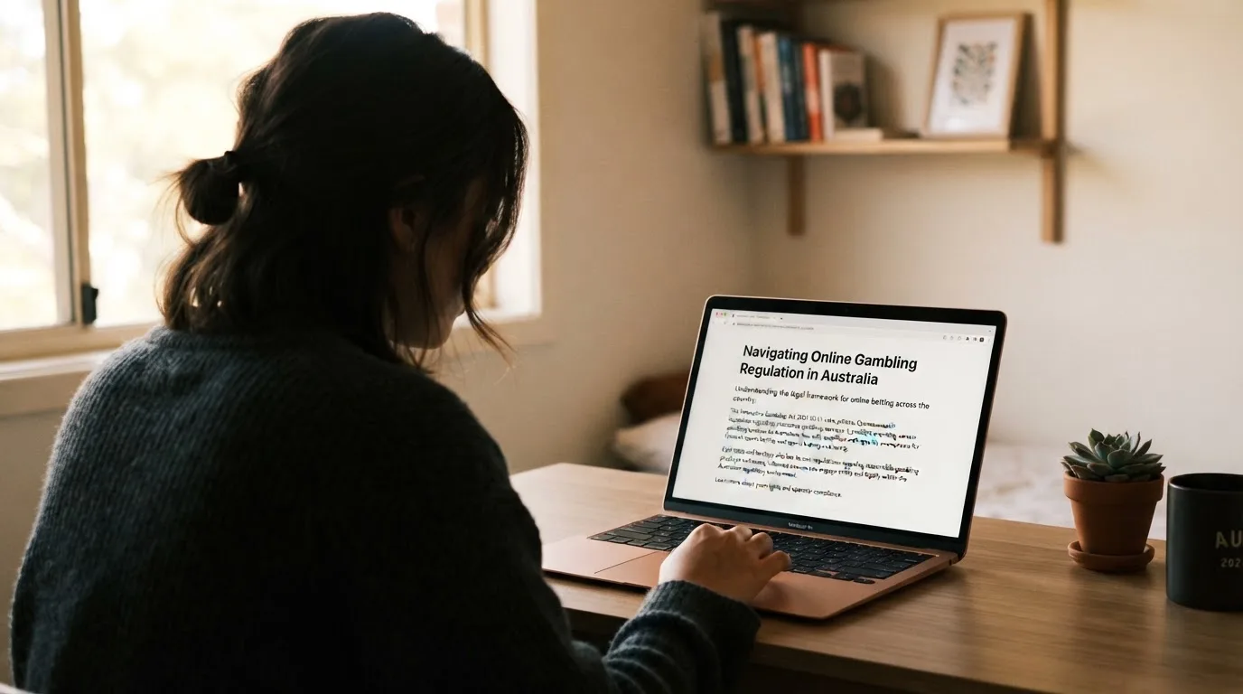 A person at a laptop reading a plain-language explainer article at a home desk.