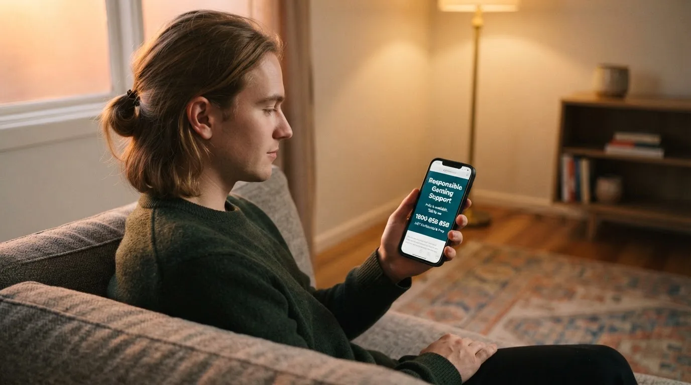A person looking at a support helpline page on a phone while sitting on a couch.