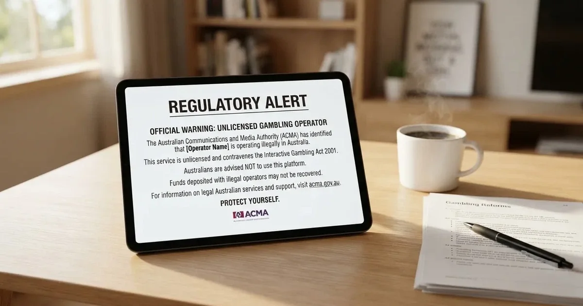 A tablet screen displaying an official regulator warning notice on a desk beside a coffee cup.