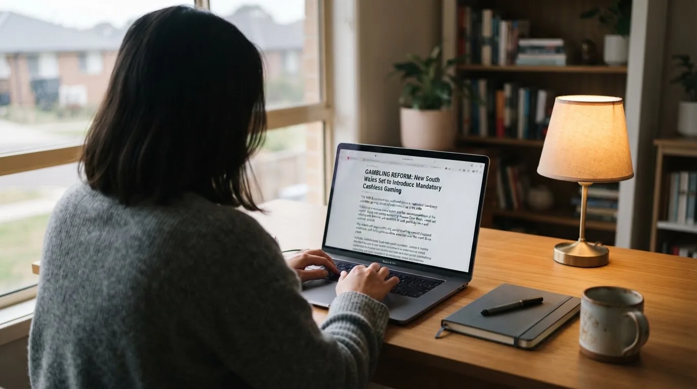 A person at a laptop reading a plain-language explainer article at a home desk.