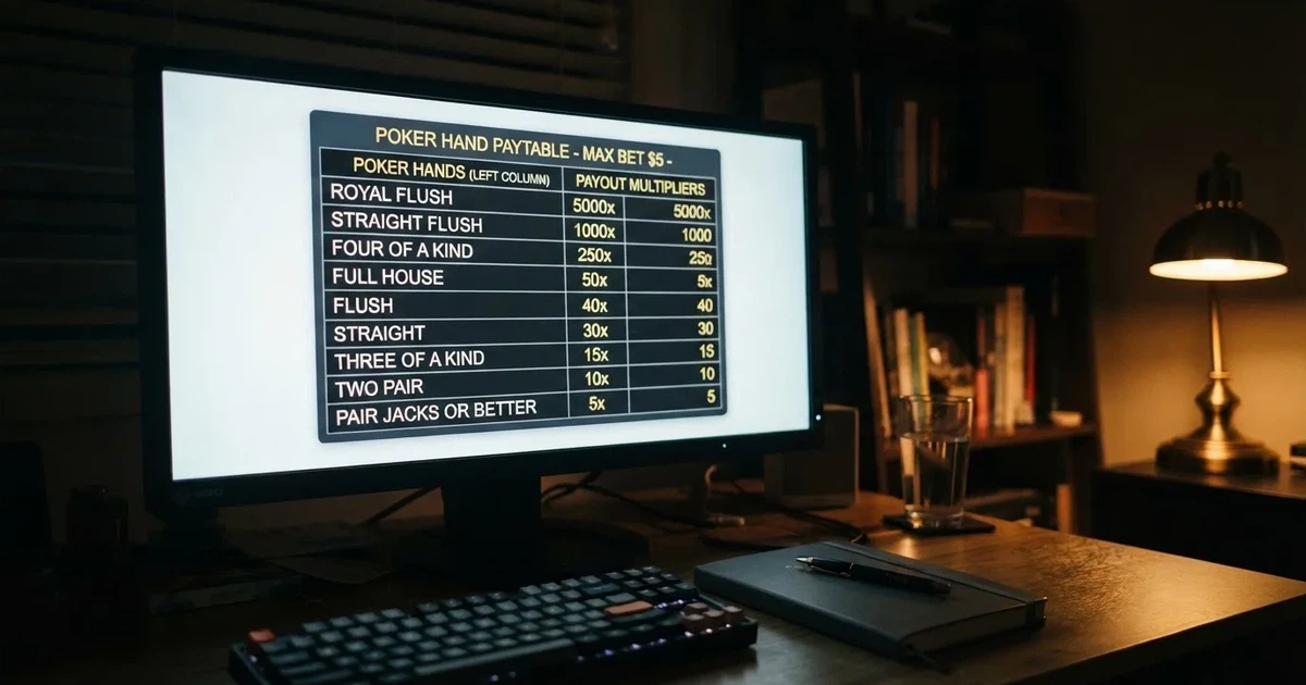 A slot machine's paytable screen glowing on a monitor in a dim room.