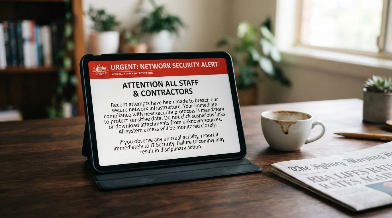 A tablet screen displaying an official regulator warning notice on a desk beside a coffee cup.