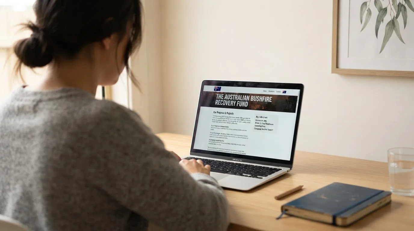 A person at a laptop reading a plain-language explainer article at a home desk.