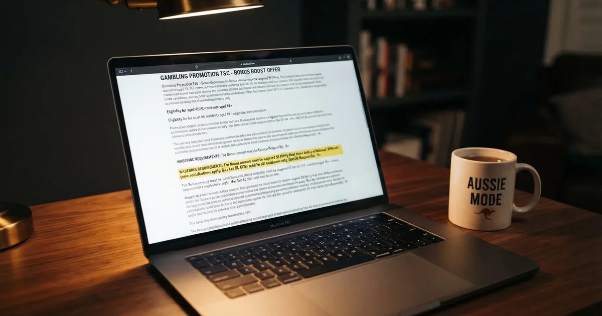 A laptop screen showing a terms-and-conditions page with wagering requirements highlighted.