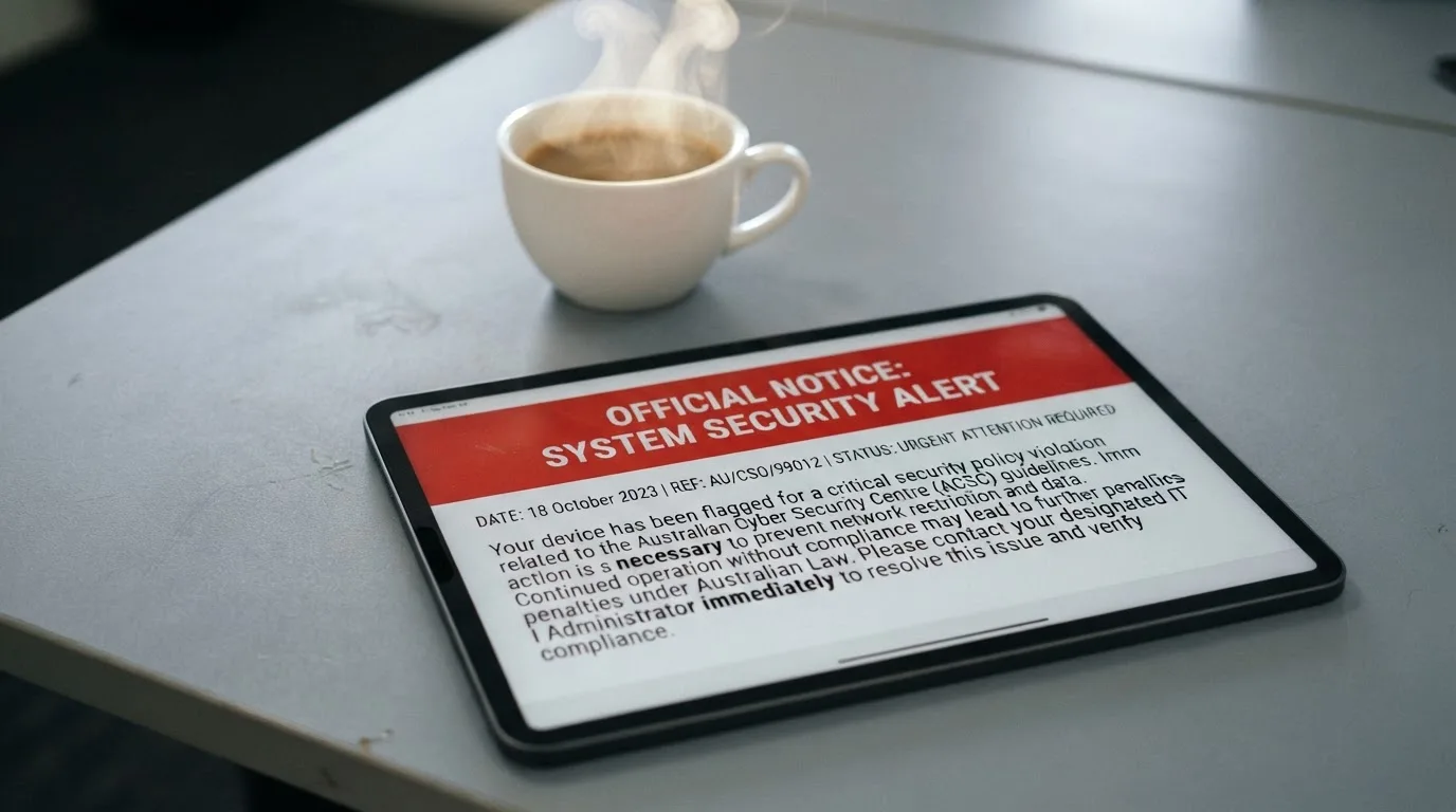 A tablet screen displaying an official regulator warning notice on a desk beside a coffee cup.