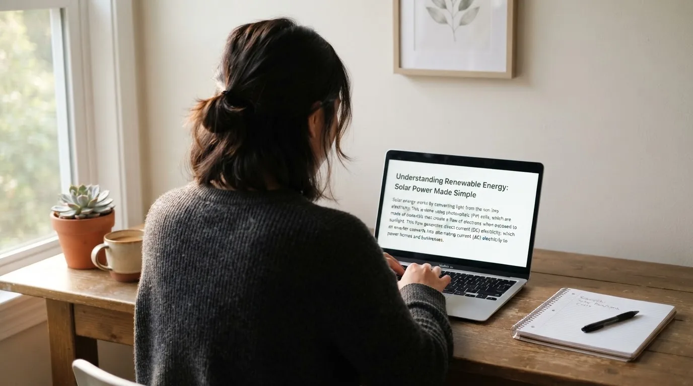 A person at a laptop reading a plain-language explainer article at a home desk.