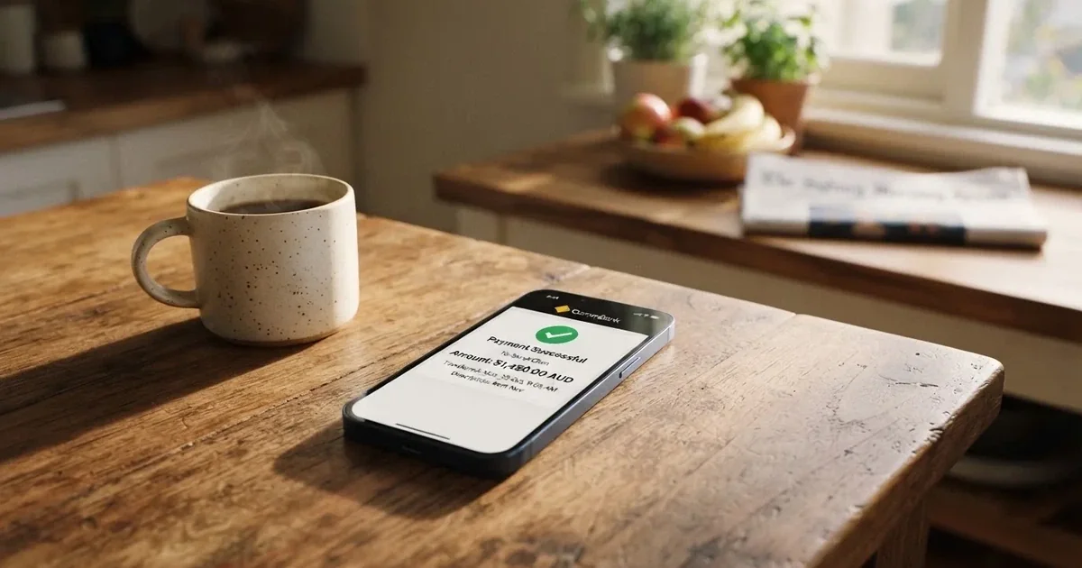 A close-up of a banking app on a smartphone showing a same-day transfer confirmation on a kitchen table.