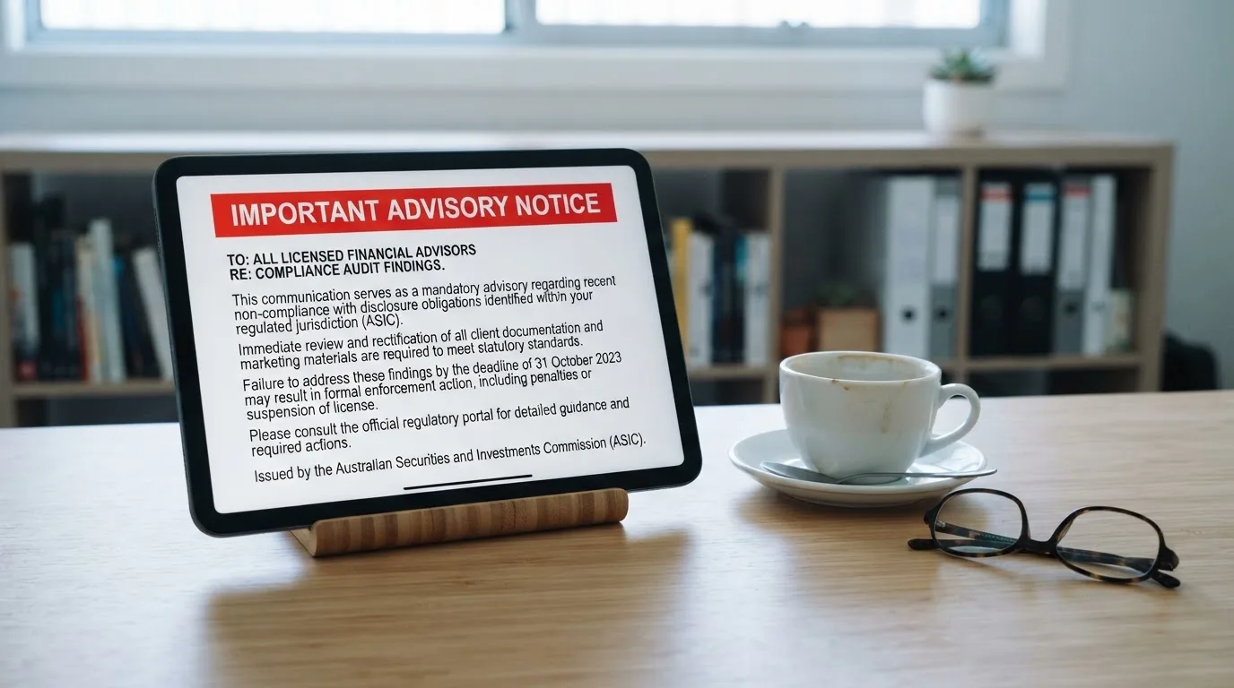 A tablet screen displaying an official regulator warning notice on a desk beside a coffee cup.