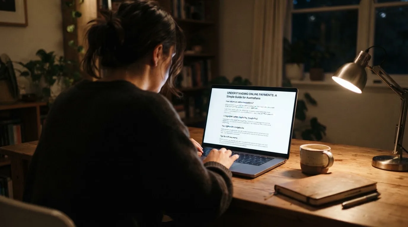 A person at a laptop reading a plain-language explainer article at a home desk.