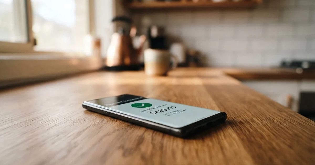 A close-up of a banking app on a smartphone showing a same-day transfer confirmation on a kitchen table.
