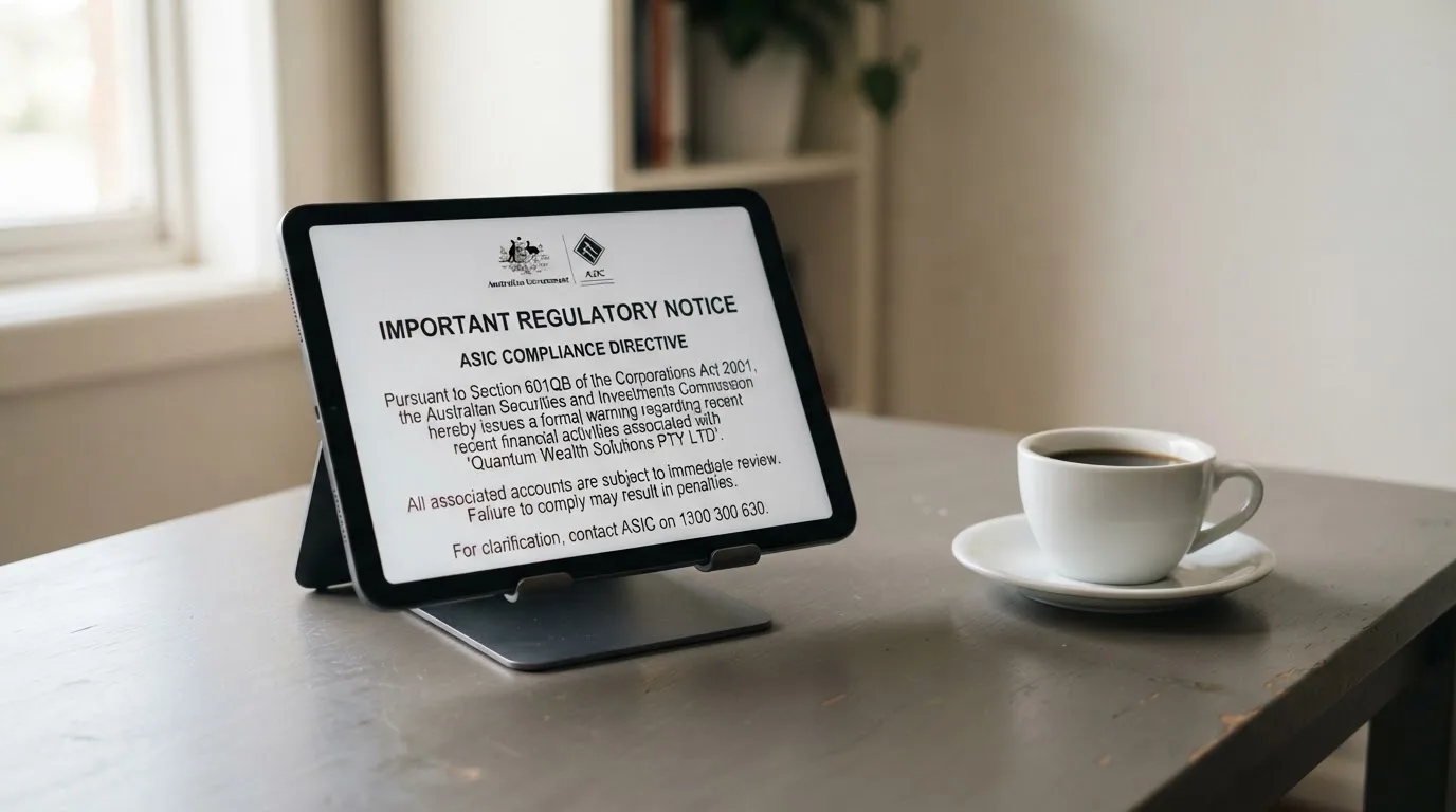 A tablet screen displaying an official regulator warning notice on a desk beside a coffee cup.