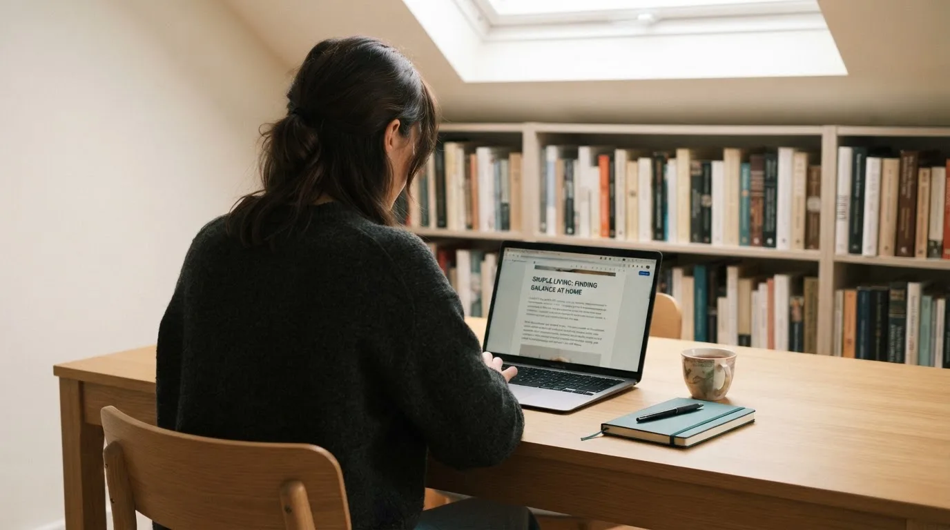 A person at a laptop reading a plain-language explainer article at a home desk.
