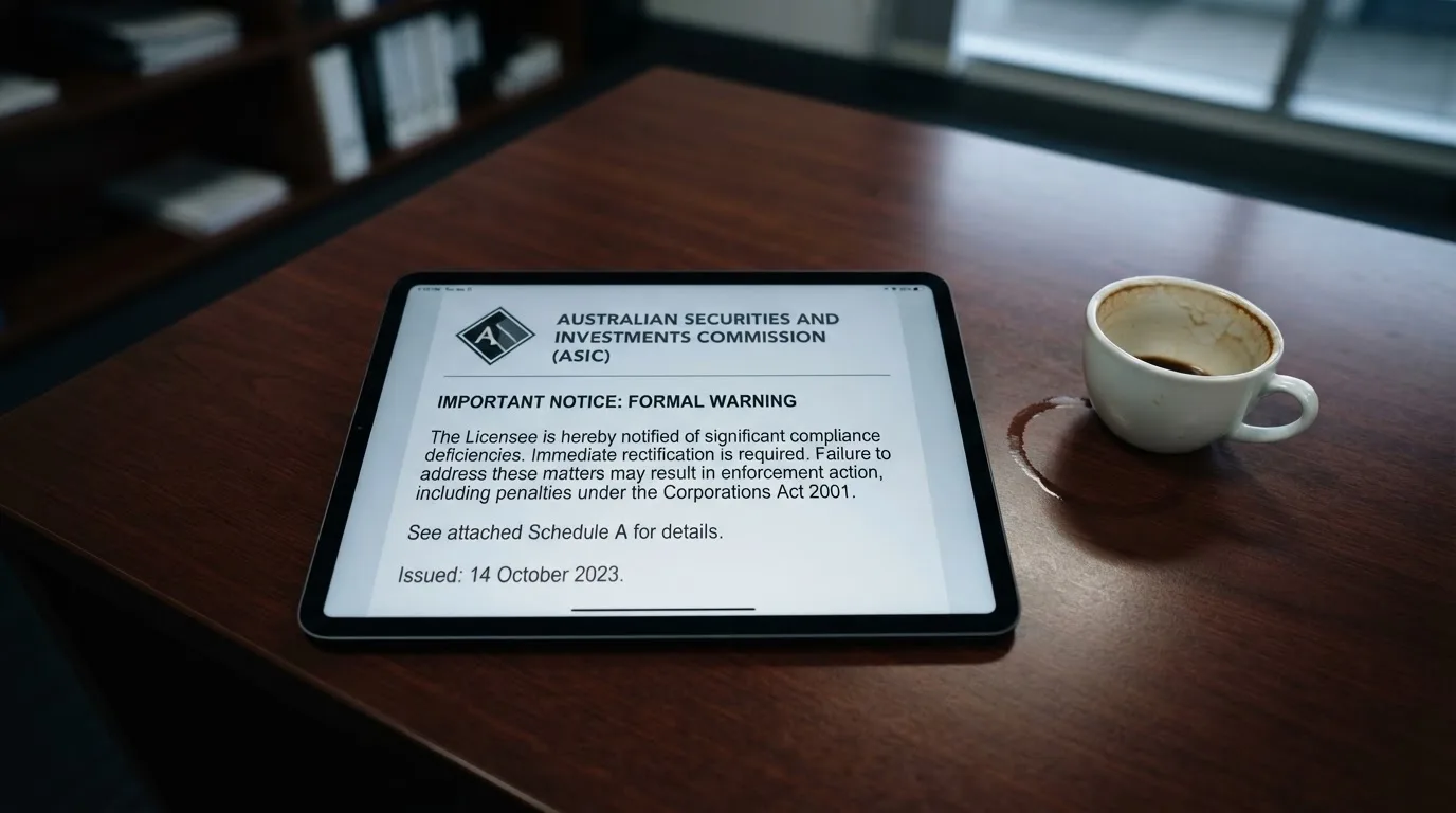 A tablet screen displaying an official regulator warning notice on a desk beside a coffee cup.