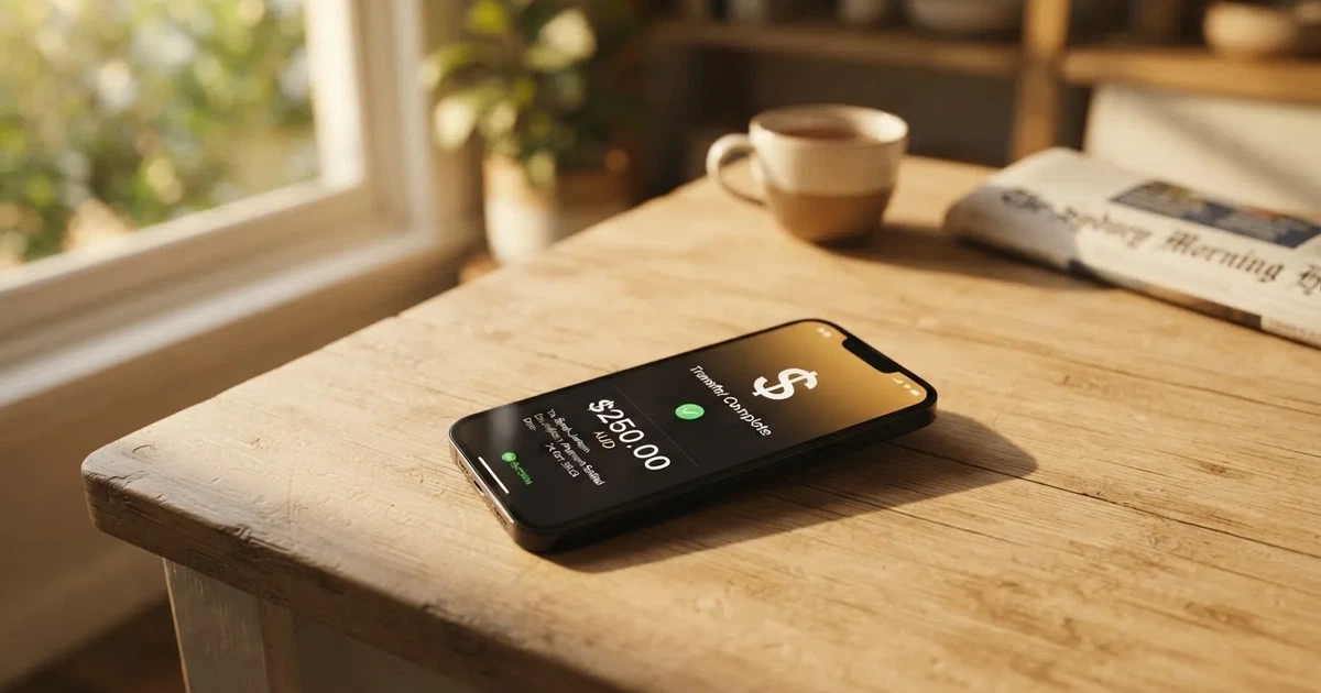 A close-up of a banking app on a smartphone showing a same-day transfer confirmation on a kitchen table.