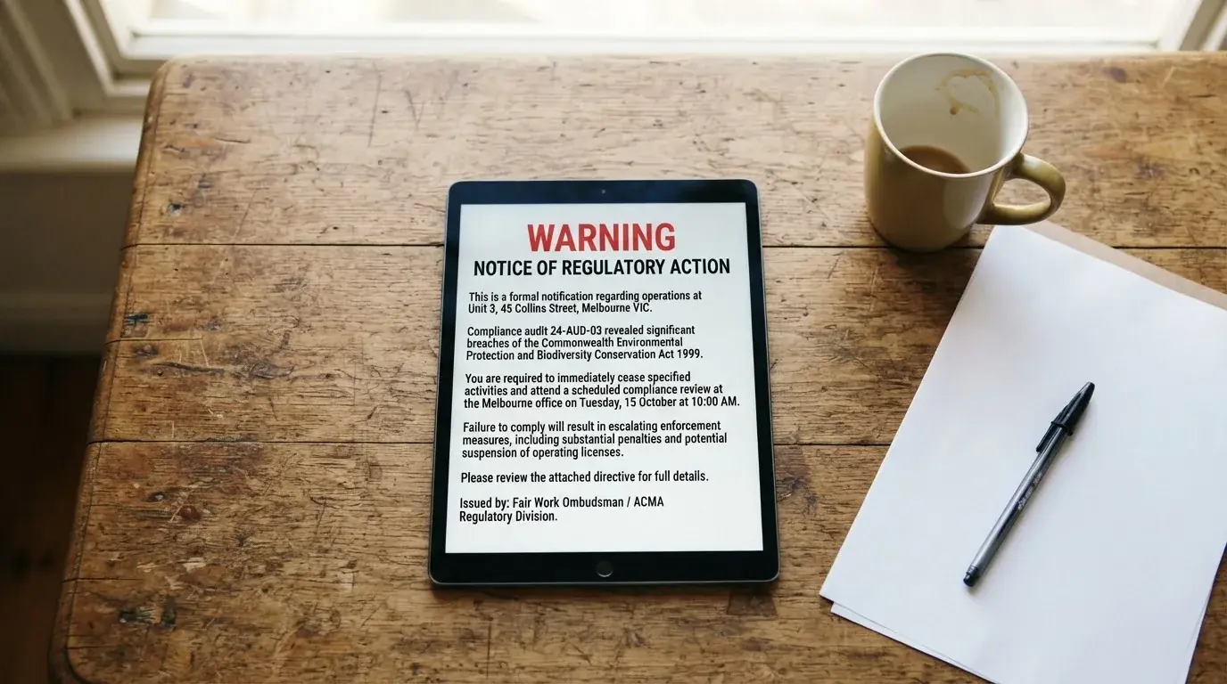 A tablet screen displaying an official regulator warning notice on a desk beside a coffee cup.