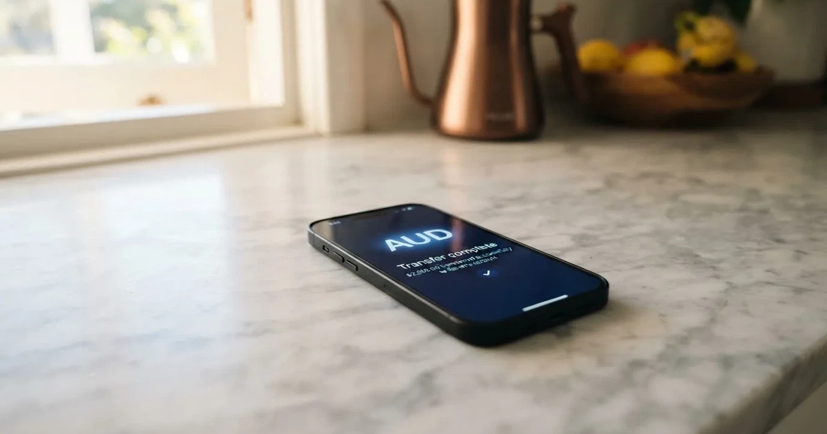 A close-up of a banking app on a smartphone showing a same-day transfer confirmation on a kitchen table.