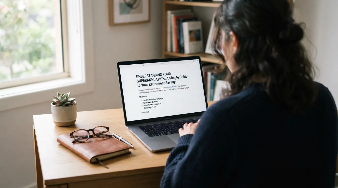 A person at a laptop reading a plain-language explainer article at a home desk.