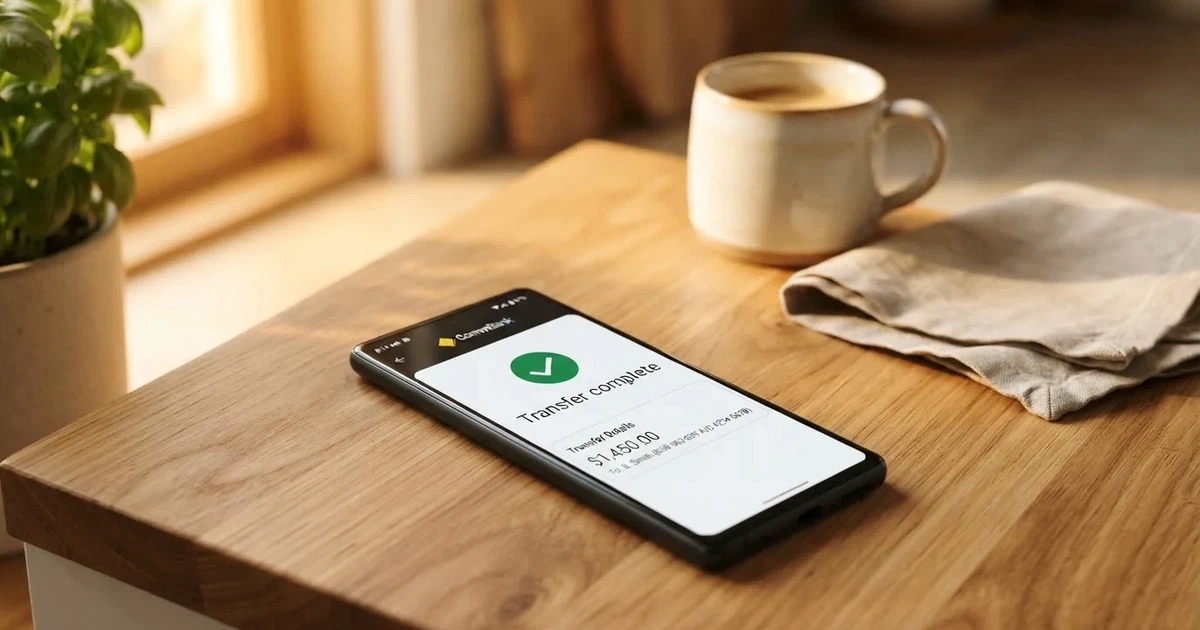 A close-up of a banking app on a smartphone showing a same-day transfer confirmation on a kitchen table.