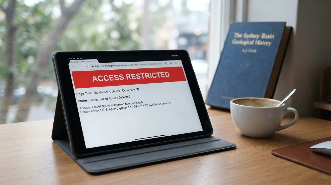 A tablet screen displaying an official regulator warning notice on a desk beside a coffee cup.