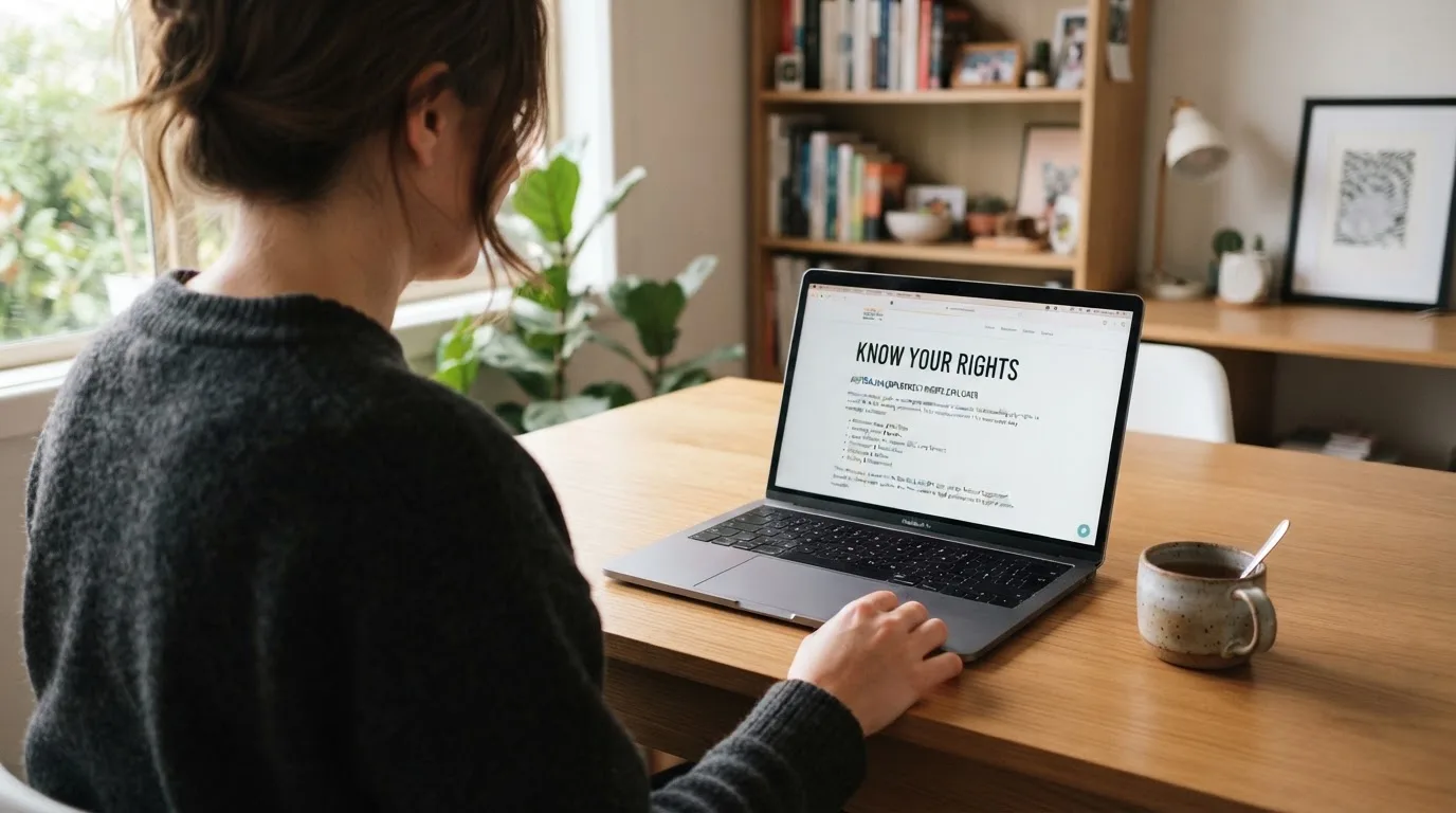 A person at a laptop reading a plain-language explainer article at a home desk.