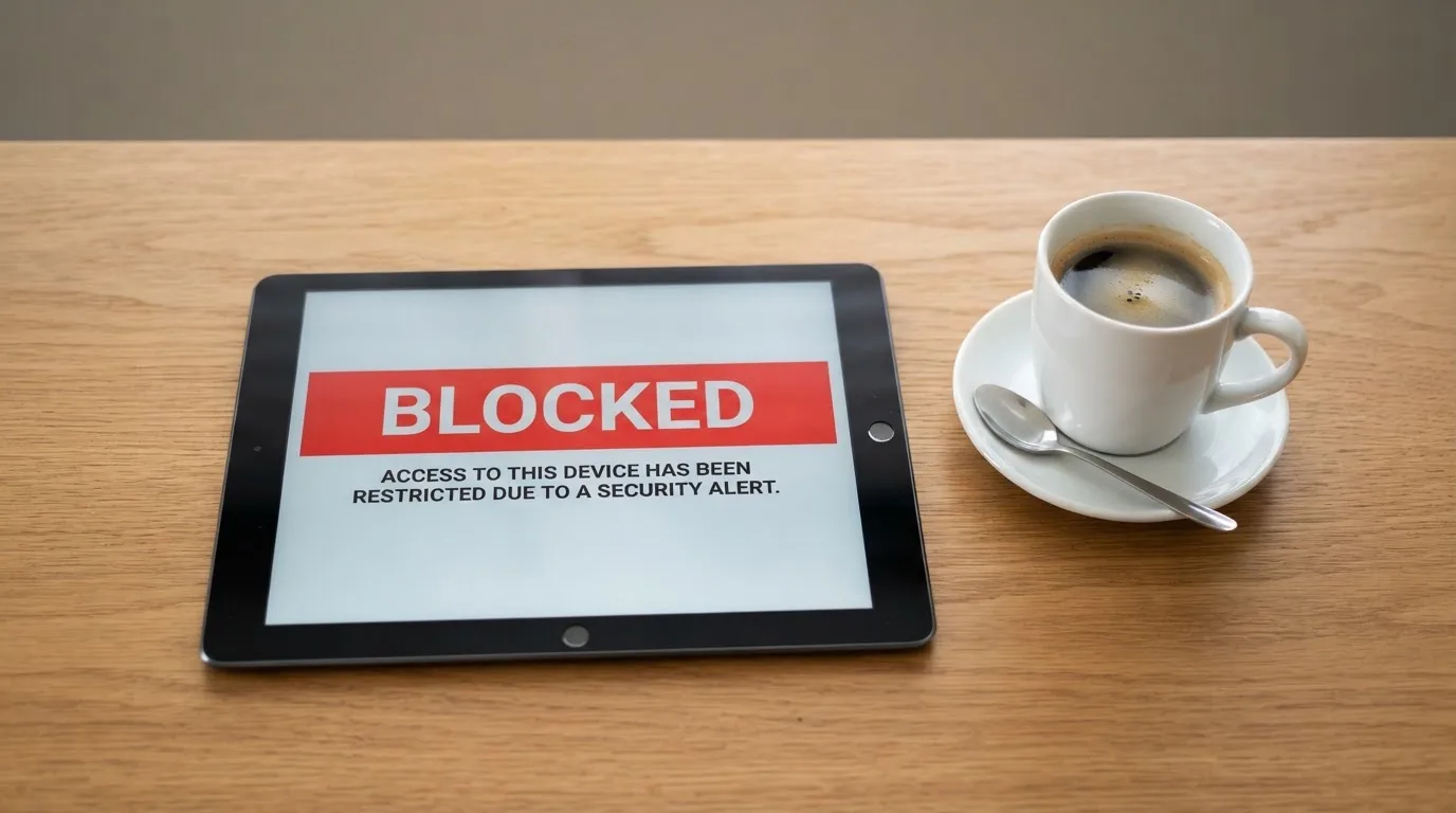 A tablet screen displaying an official regulator warning notice on a desk beside a coffee cup.
