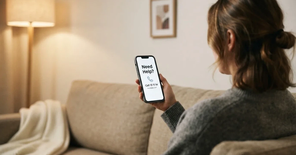 A person looking at a support helpline page on a phone while sitting on a couch.