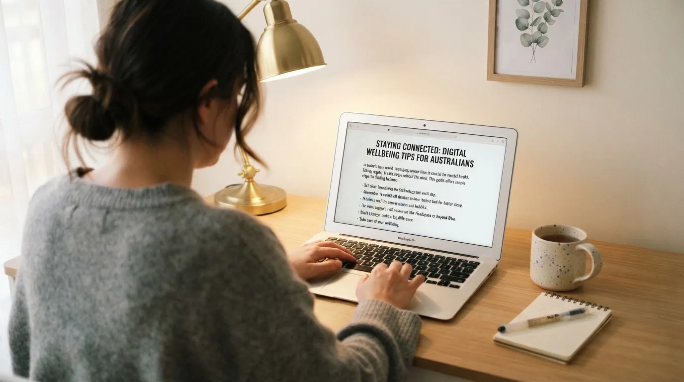 A person at a laptop reading a plain-language explainer article at a home desk.