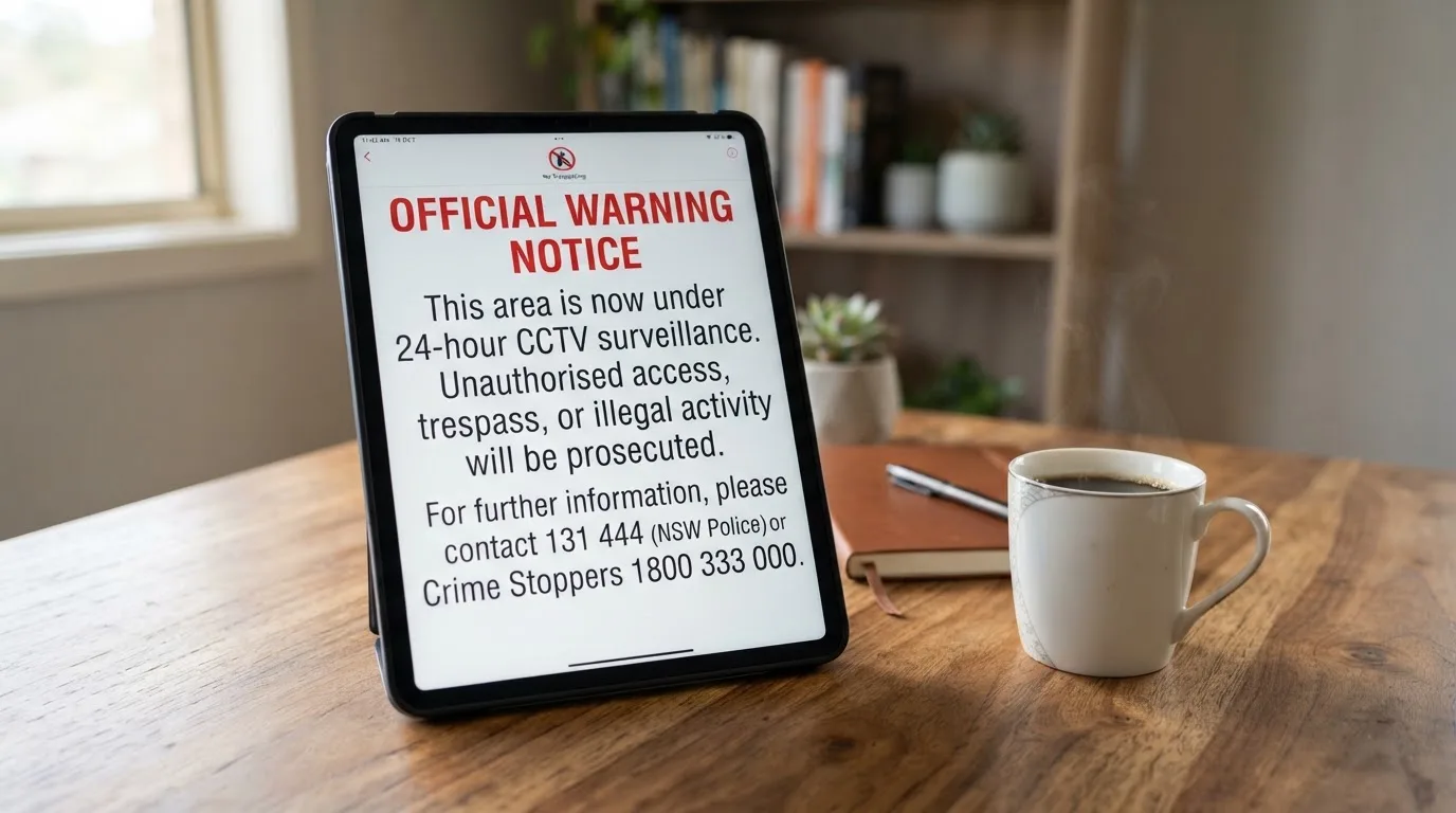 A tablet screen displaying an official regulator warning notice on a desk beside a coffee cup.