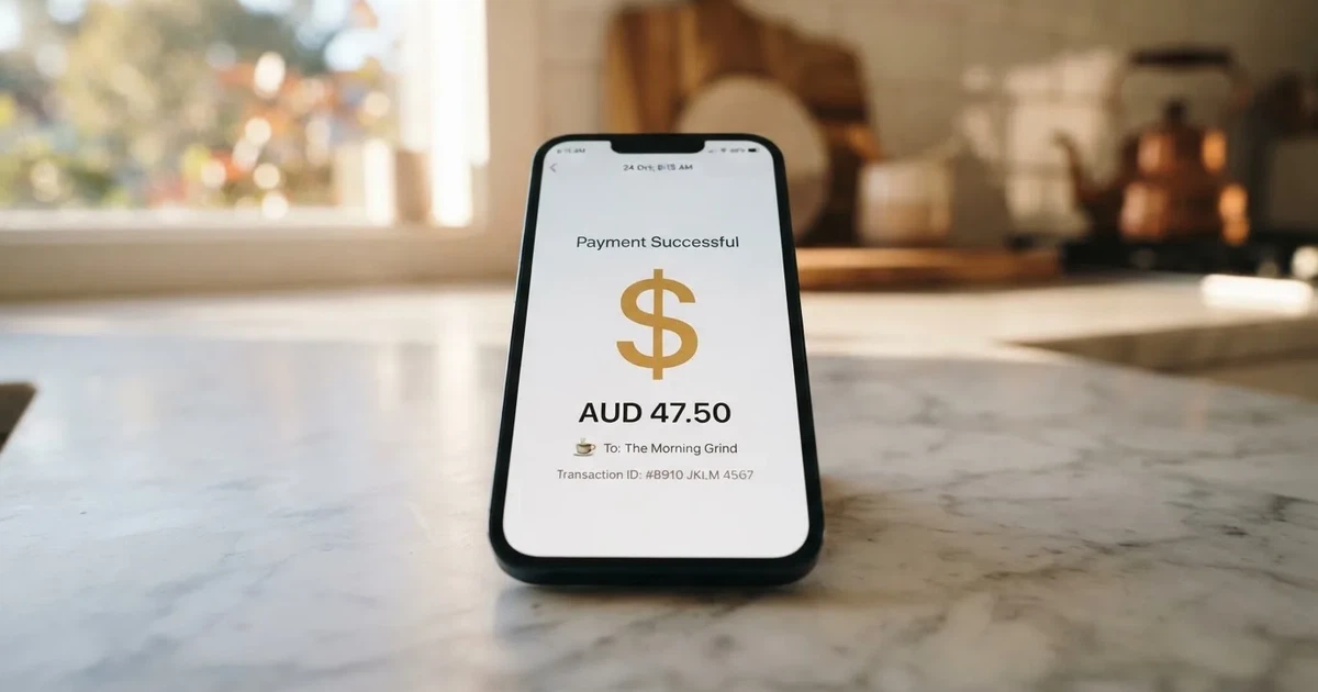A close-up of a banking app on a smartphone showing a same-day transfer confirmation on a kitchen table.