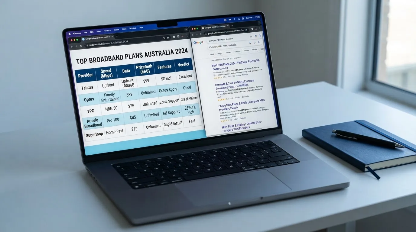 A laptop screen split between two browser tabs, one showing a comparison table and the other a search results page.