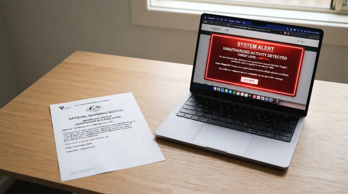 A printed government warning notice on a desk beside a laptop with a red alert icon on the screen.