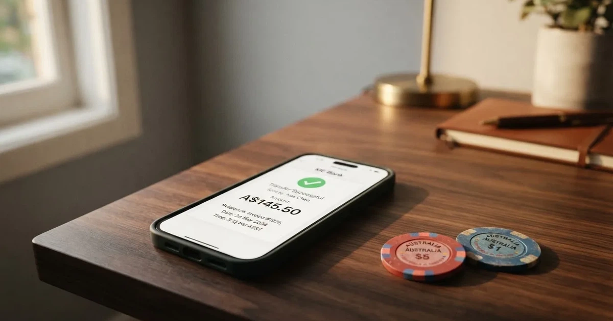A phone displaying a bank transfer confirmation screen next to a stack of Australian dollar notes.