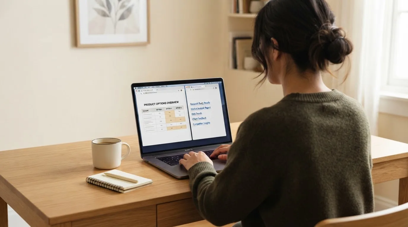 A laptop screen split between two browser tabs, one showing a comparison table and the other a search results page.