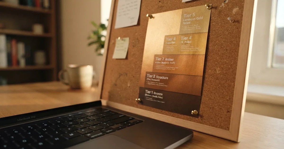 A gold-coloured tier chart pinned to a corkboard next to a laptop keyboard.
