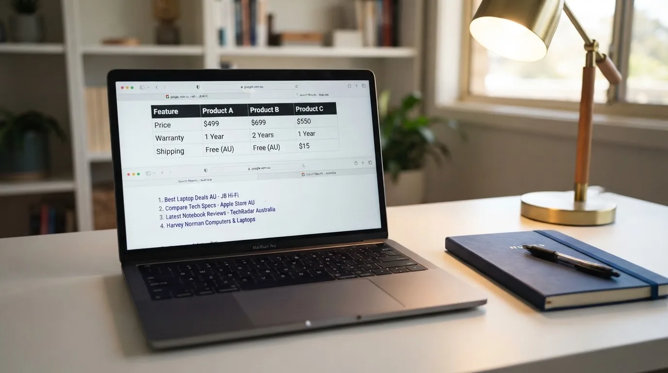 A laptop screen split between two browser tabs, one showing a comparison table and the other a search results page.