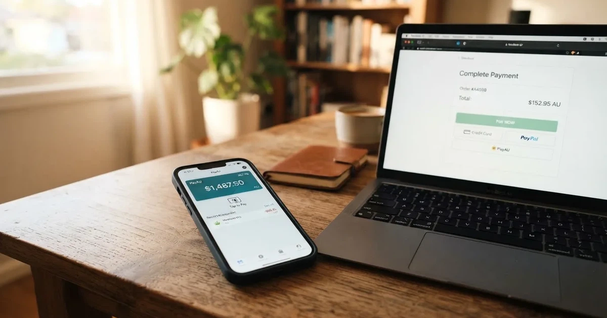 A smartphone screen showing a digital wallet balance next to a laptop cashier page.