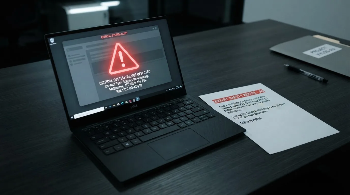 A printed government warning notice on a desk beside a laptop with a red alert icon on the screen.