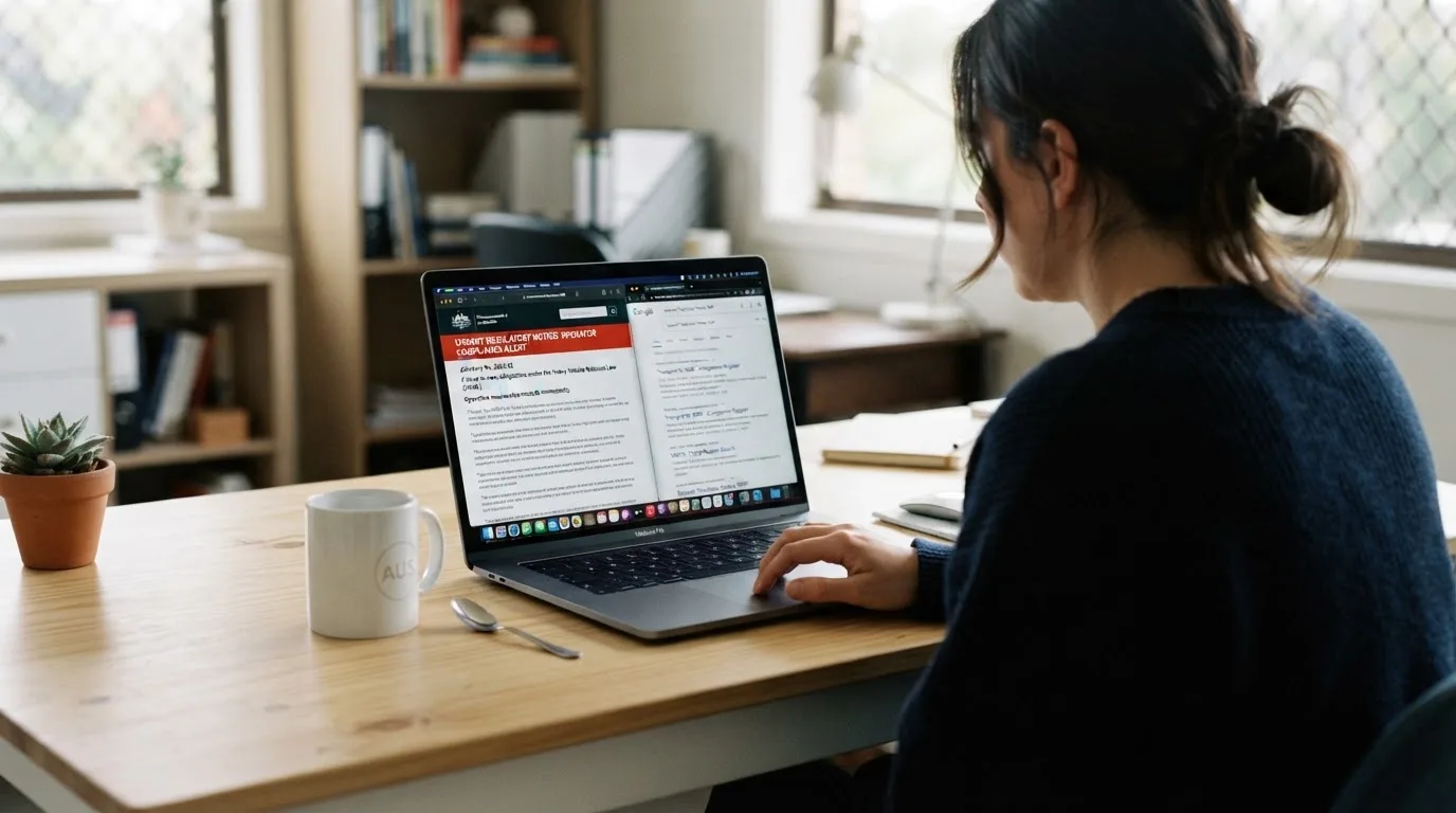 A laptop screen split between two browser tabs, one showing a comparison table and the other a search results page.