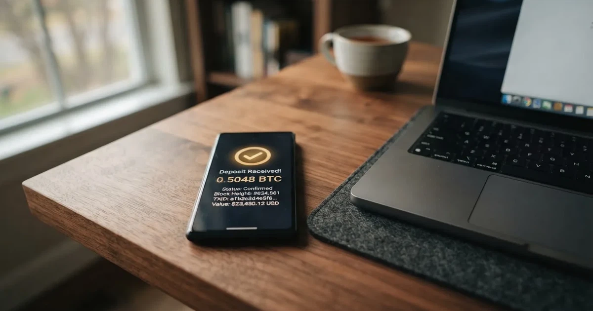 A phone displaying a blockchain transaction confirmation screen next to a laptop keyboard.