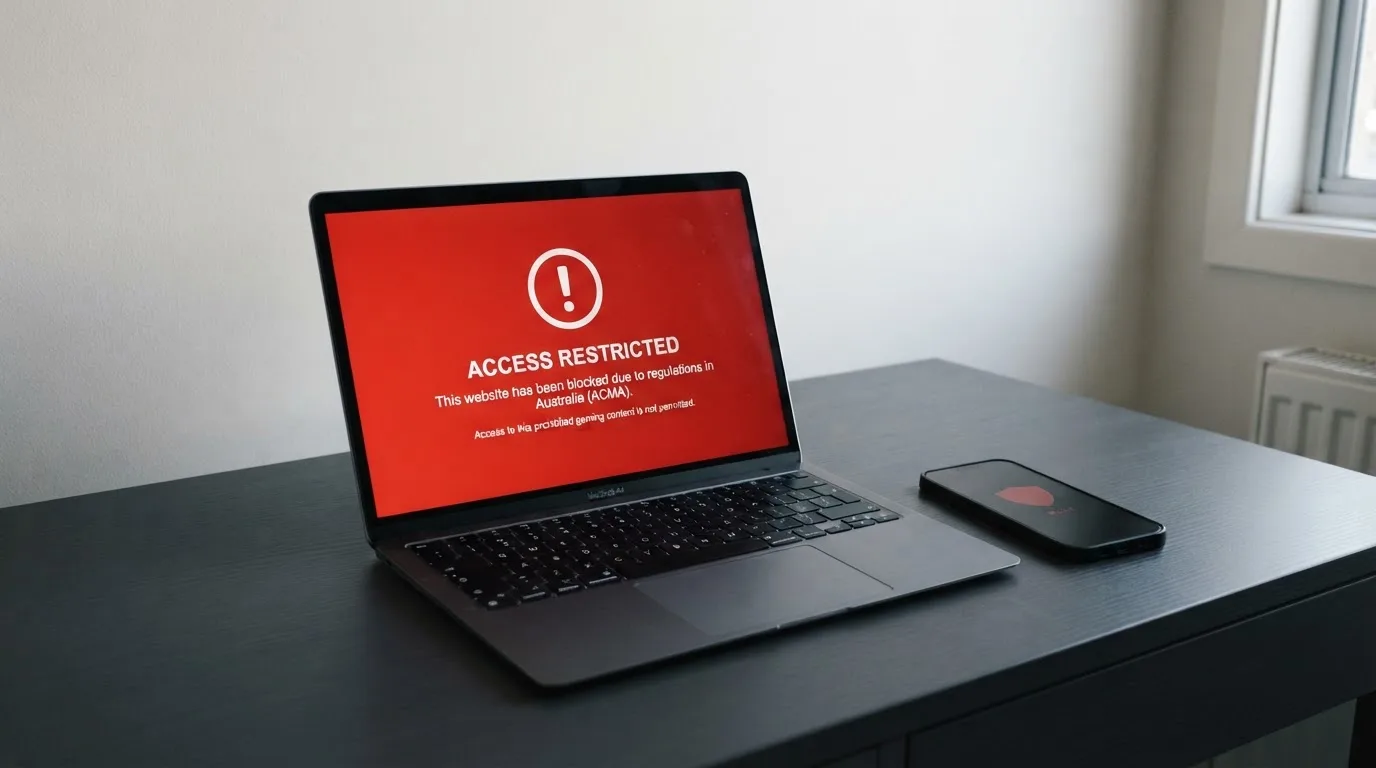 A printed government warning notice on a desk beside a laptop with a red alert icon on the screen.